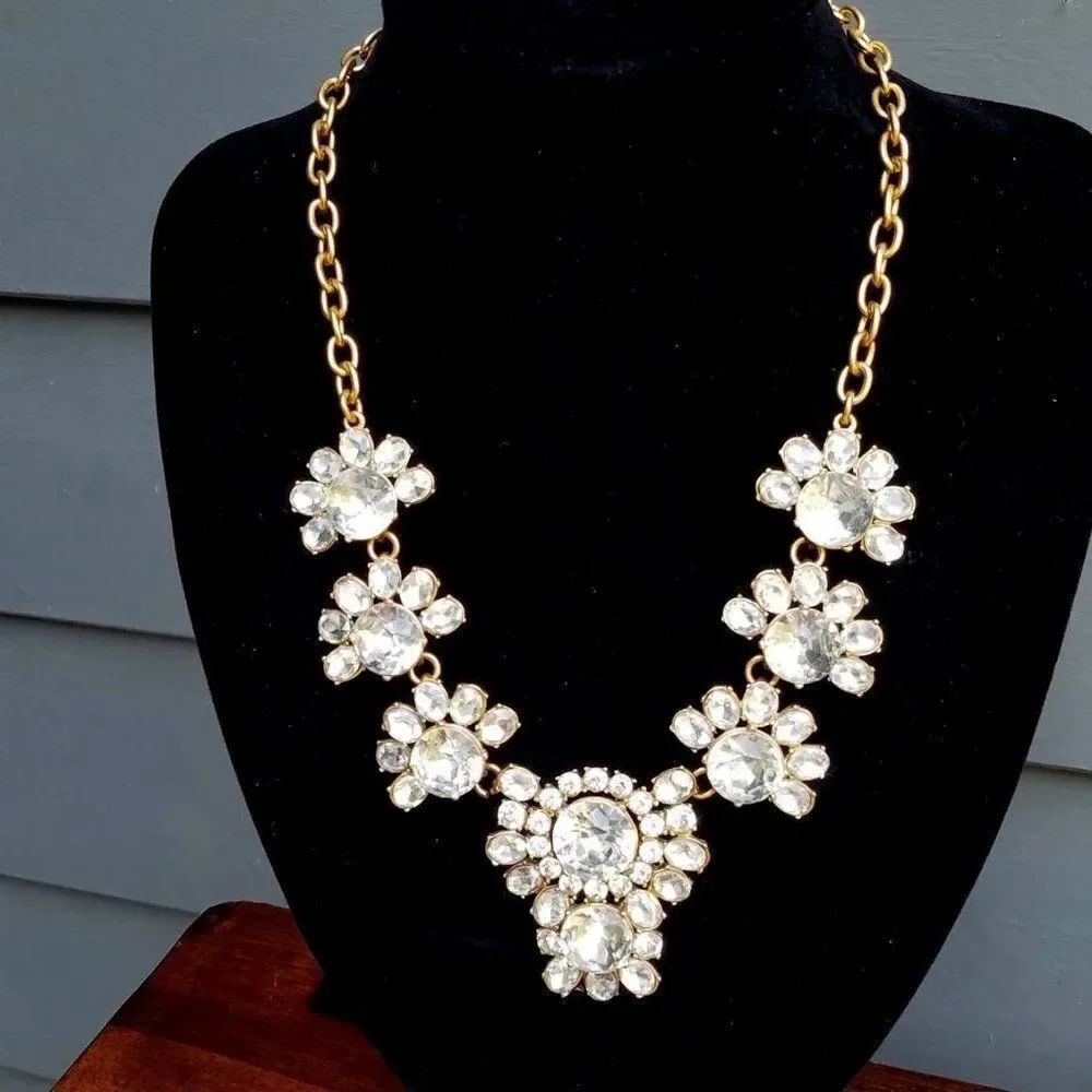 Like  New!  J Crew Clear Rhinestone Gold Tone Brass Statement Necklace